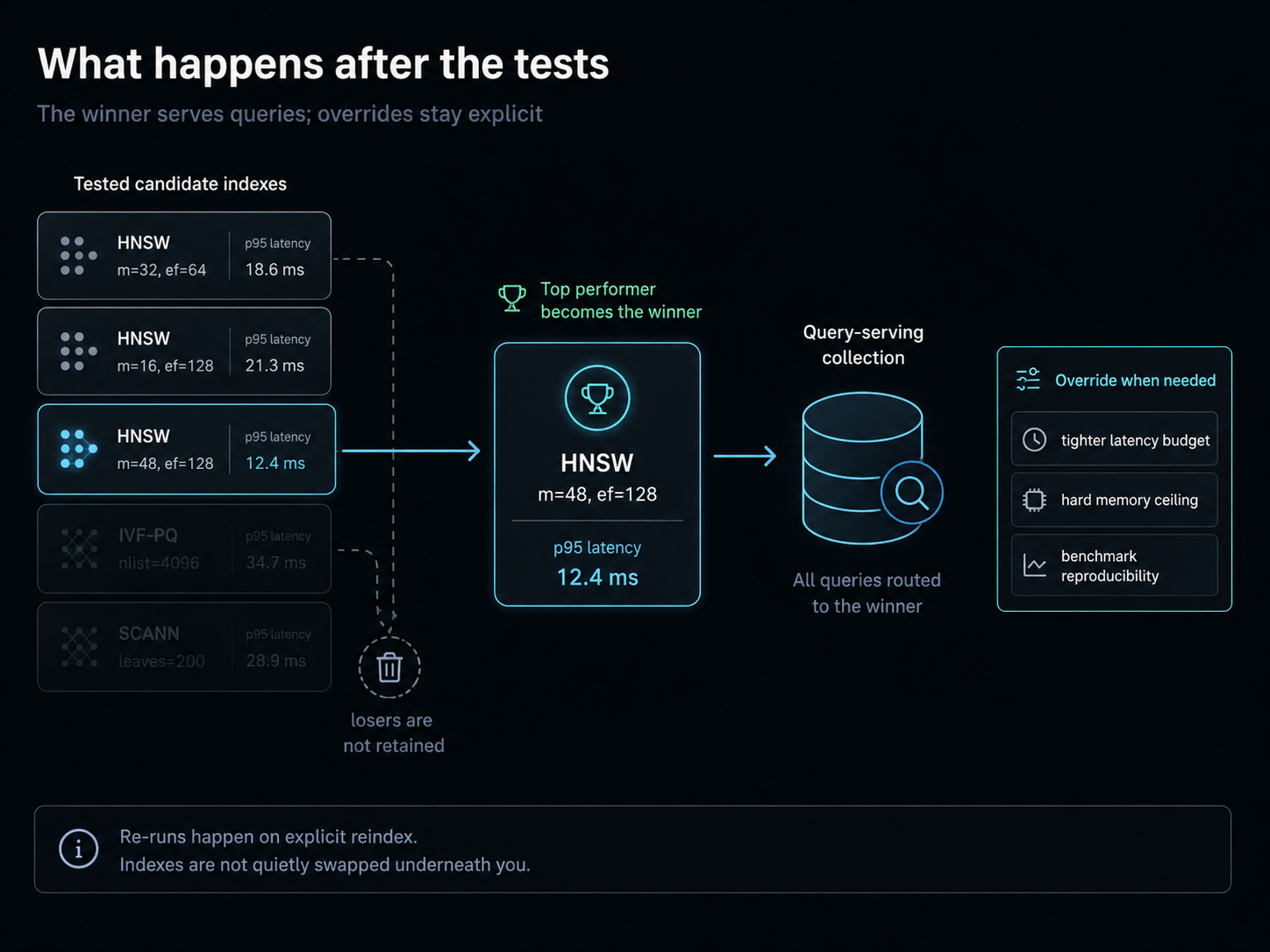 What happens after the tests: the top performer (HNSW with specific parameter set) becomes the winner and serves all queries. Loser configurations are not retained. Re-runs happen on explicit reindex; indexes are not quietly swapped underneath you. Override available for tighter latency budgets, hard memory ceilings, or benchmark reproducibility.