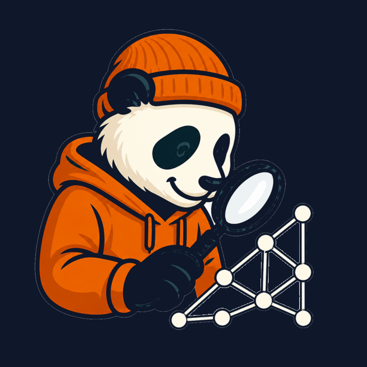 Vector Panda mascot, a panda in an orange hoodie and beanie, smiling and looking right toward the page content